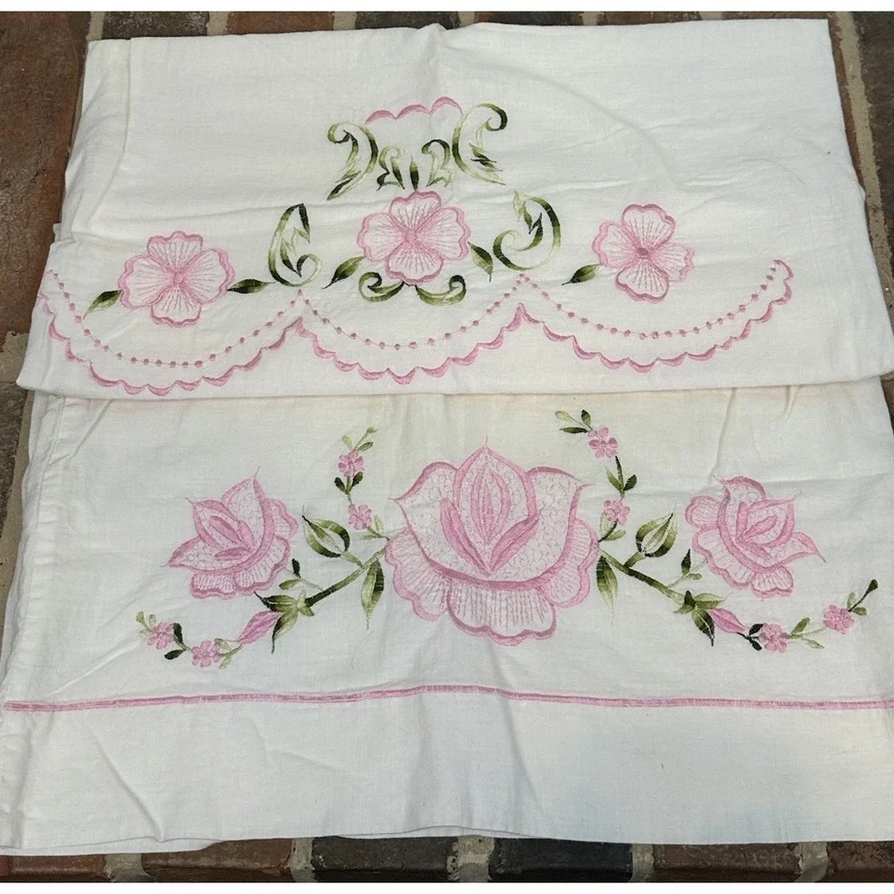 2 Vintage Standard Cotton Pillowcases Hand Embroidered Pink Flowers Rose & Pansy